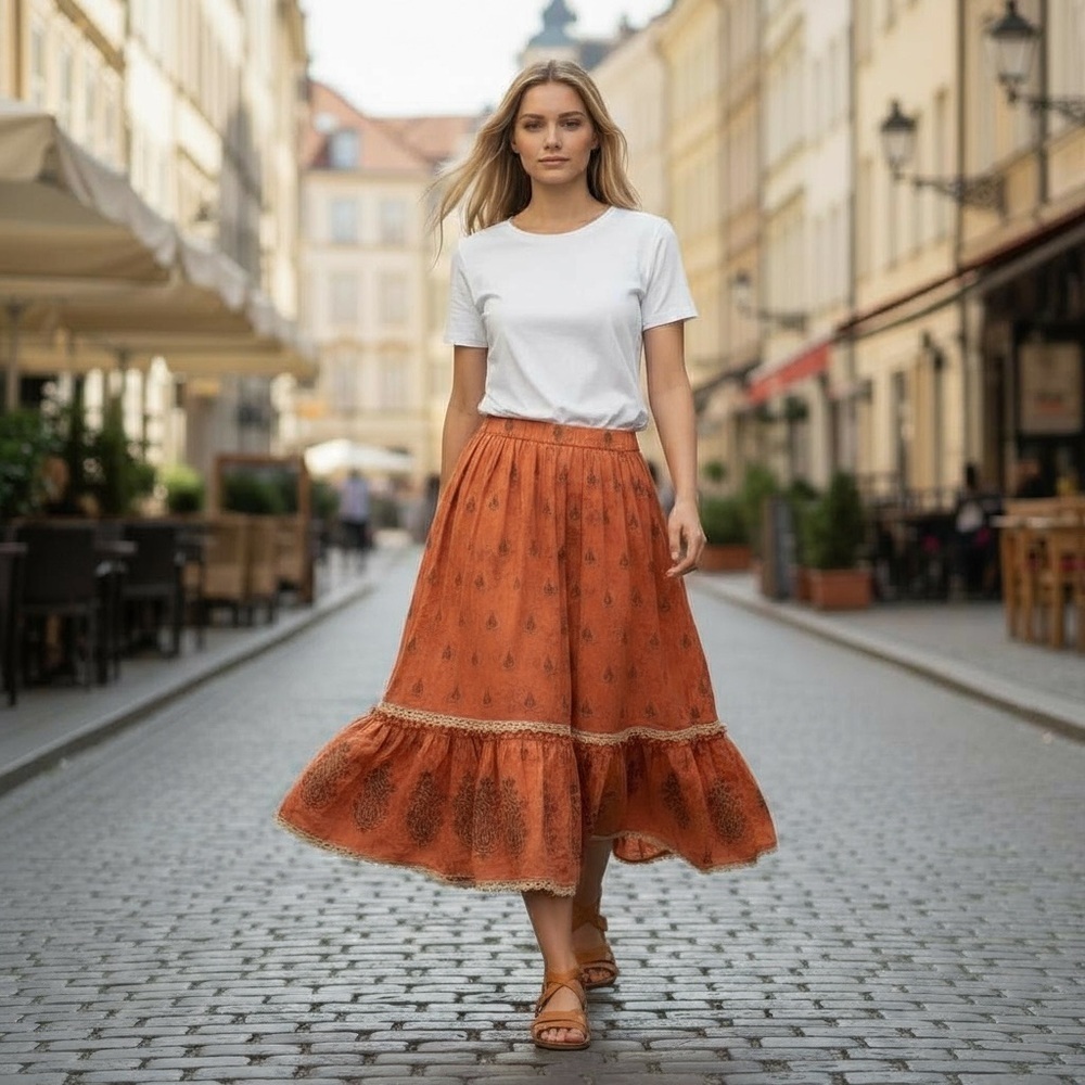 Vintage Orange Maxi Ruffled Circle Skirt